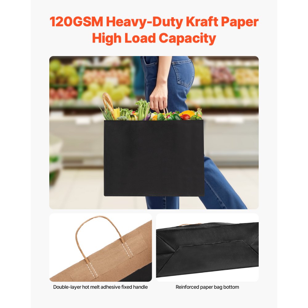 VEVOR Kraft Paper Bags with Handles, 100Pcs 16 x 6 x 12 in, Large Paper Grocery Bags, Reusable & 100% Recycled Take-Out Sacks, Plain Party Bag Bulk for Birthday, Wedding, Business, Goody, Black