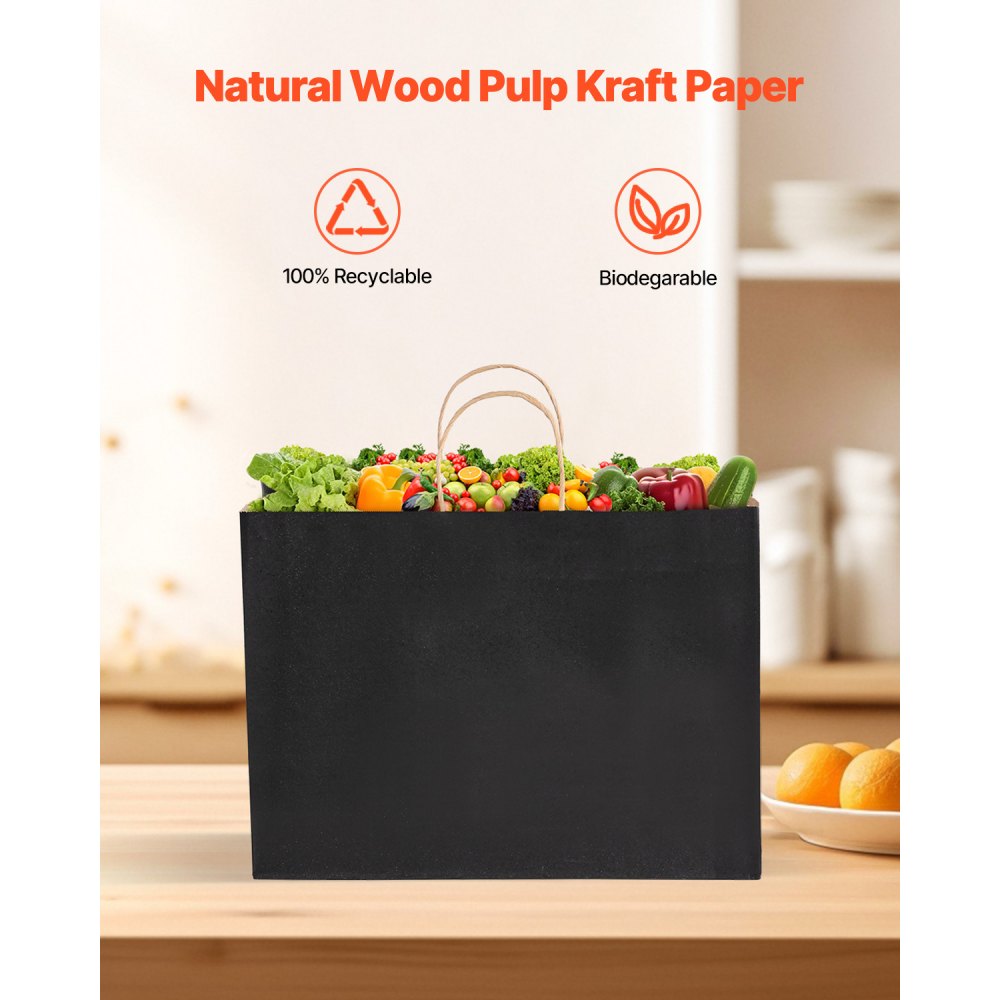 VEVOR Kraft papieren tassen, 100 stuks, cadeautassen met handvatten, 406 x 152 x 308 mm, grote herbruikbare papieren draagtas, boodschappentassen, voor verjaardagen, bruiloften, winkelen, cadeaus, zwart