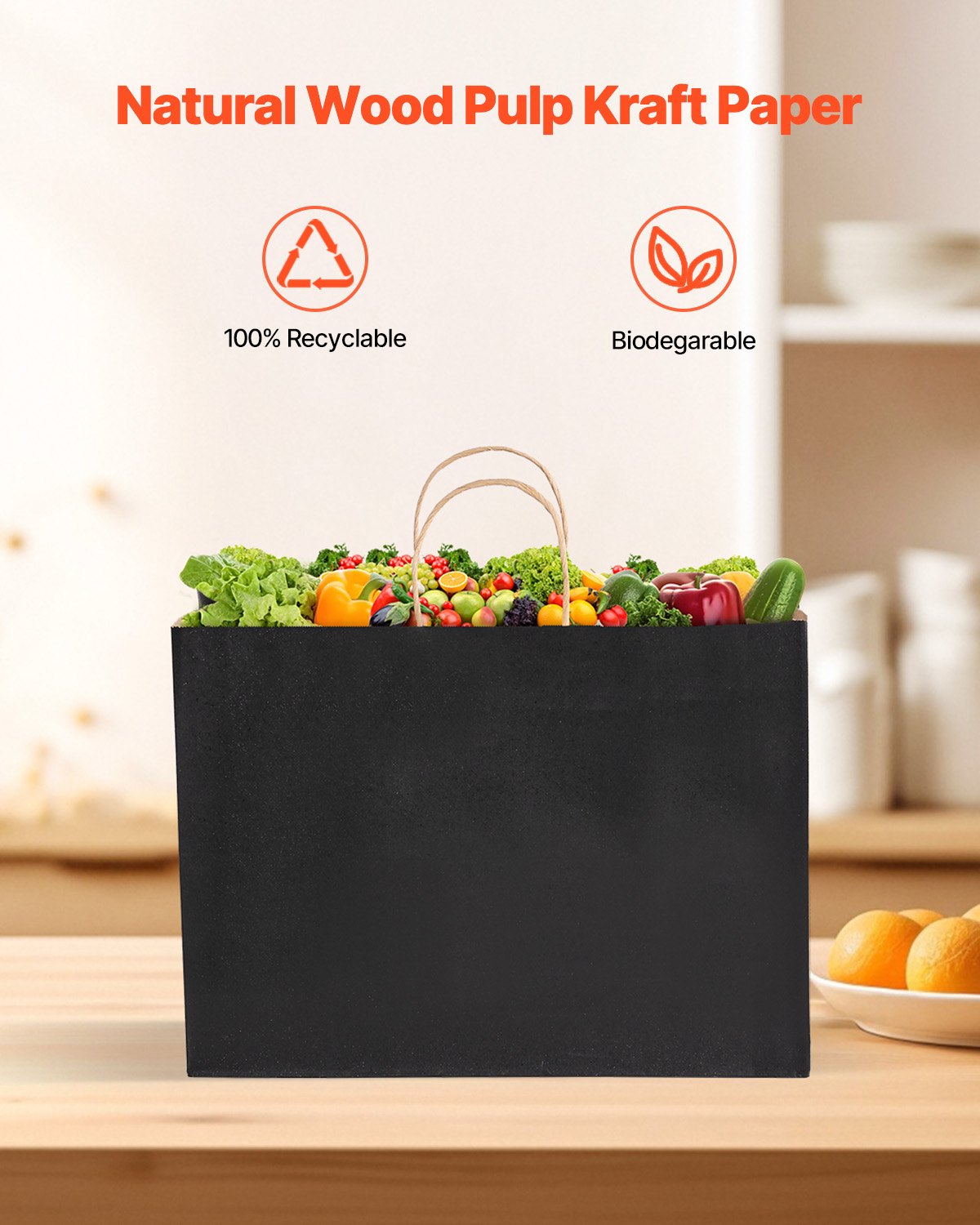 VEVOR Kraft Paper Bags with Handles, 100Pcs 16 x 6 x 12 in, Large Paper Grocery Bags, Reusable & 100% Recycled Take-Out Sacks, Plain Party Bag Bulk for Birthday, Wedding, Business, Goody, Black