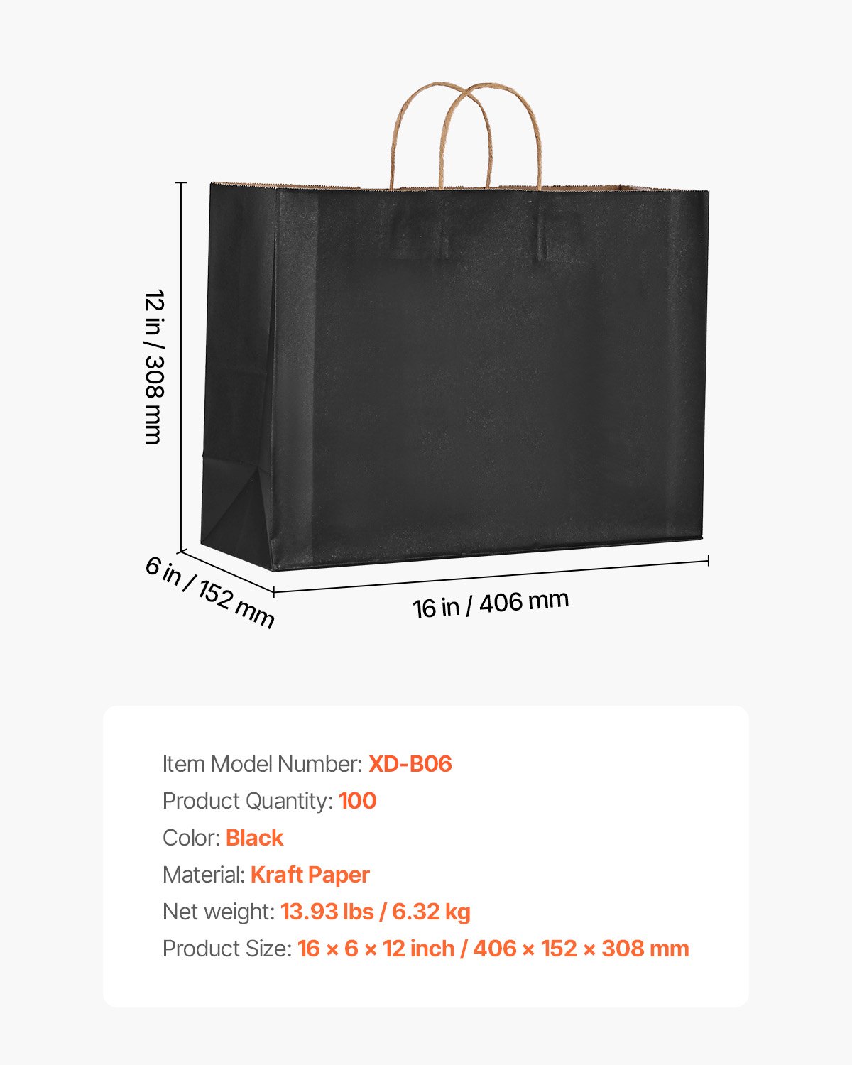 VEVOR Kraft Paper Bags with Handles, 100Pcs 16 x 6 x 12 in, Large Paper Grocery Bags, Reusable & 100% Recycled Take-Out Sacks, Plain Party Bag Bulk for Birthday, Wedding, Business, Goody, Black