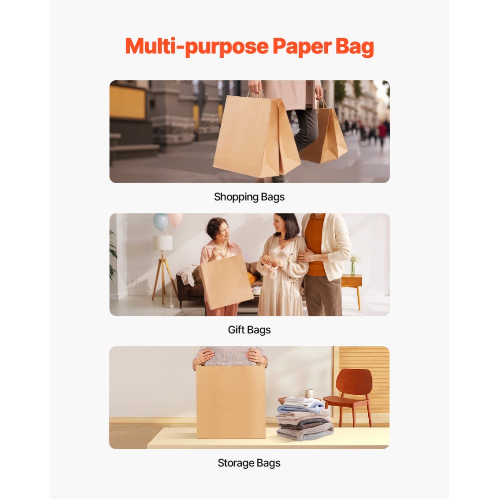 VEVOR Kraft Paper Bags with Handles, 100Pcs 18 x 7 x 19 in, Large Paper Grocery Bags, Reusable & 100% Recycled Take-Out Sacks, Plain Party Bag Bulk for Birthday, Wedding, Business, Goody, Brown