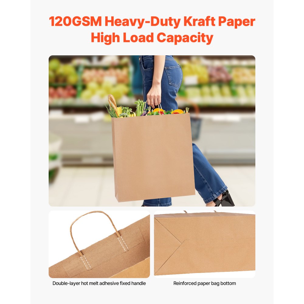 VEVOR Kraft-papieren tassen, 100 stuks, cadeautassen met handvatten, 457 x 178 x 483 mm, grote boodschappentassen, papieren draagtassen, krafttassen, voor verjaardagen, bruiloften, winkelen, cadeaus, bruin