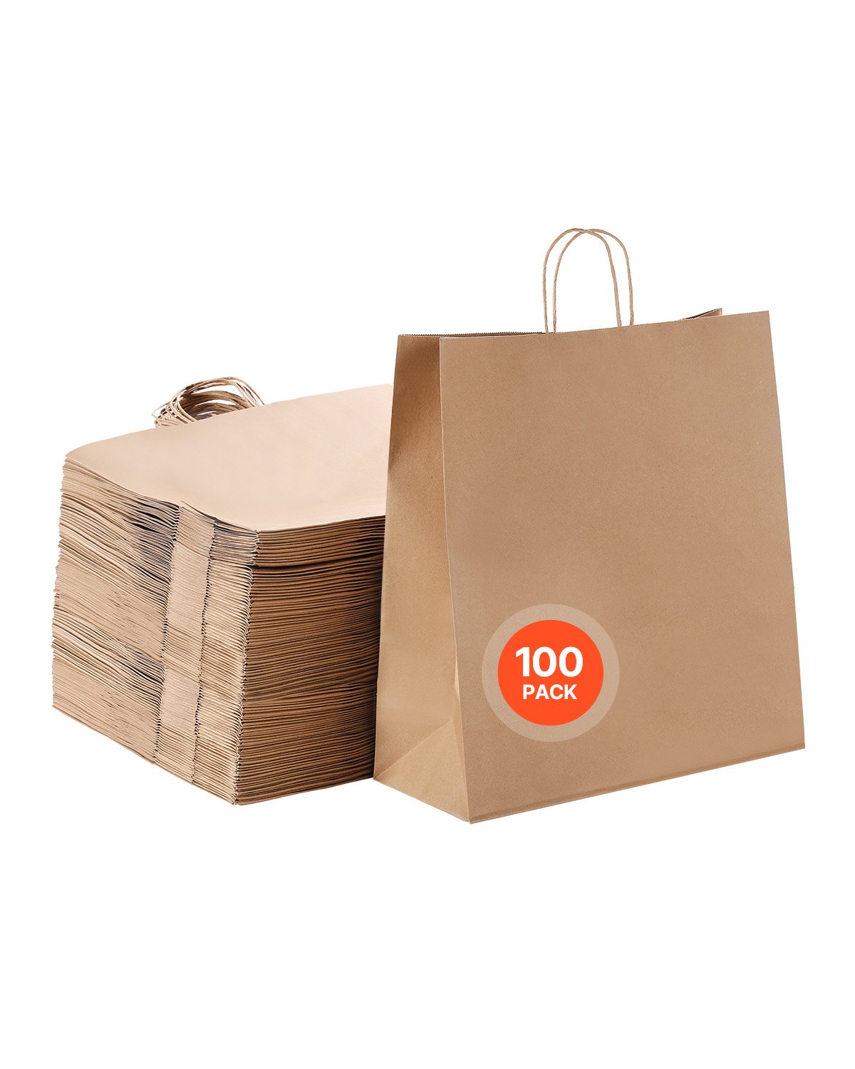 VEVOR Kraft Paper Bags with Handles, 100Pcs 18 x 7 x 19 in, Large Paper Grocery Bags, Reusable & 100% Recycled Take-Out Sacks, Plain Party Bag Bulk for Birthday, Wedding, Business, Goody, Brown