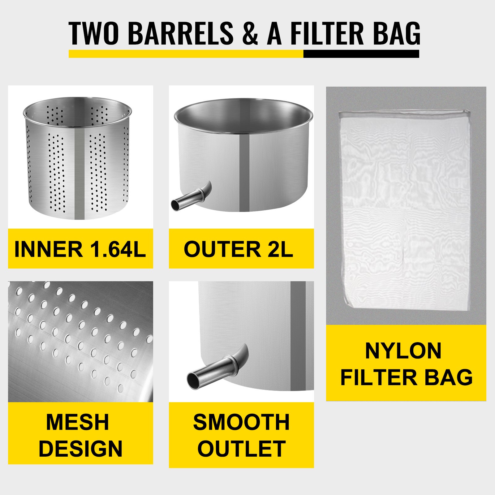 VEVOR Wine Presser, 0.5Gal/2L Grape Press For Wine Making, Wine Press Machine with Dual Stainless Steel Barrels,  Wine Cheese Fruit Vegetable Tincture Press with Power Ball Handle & 0.1"/3 mm Thick Pl