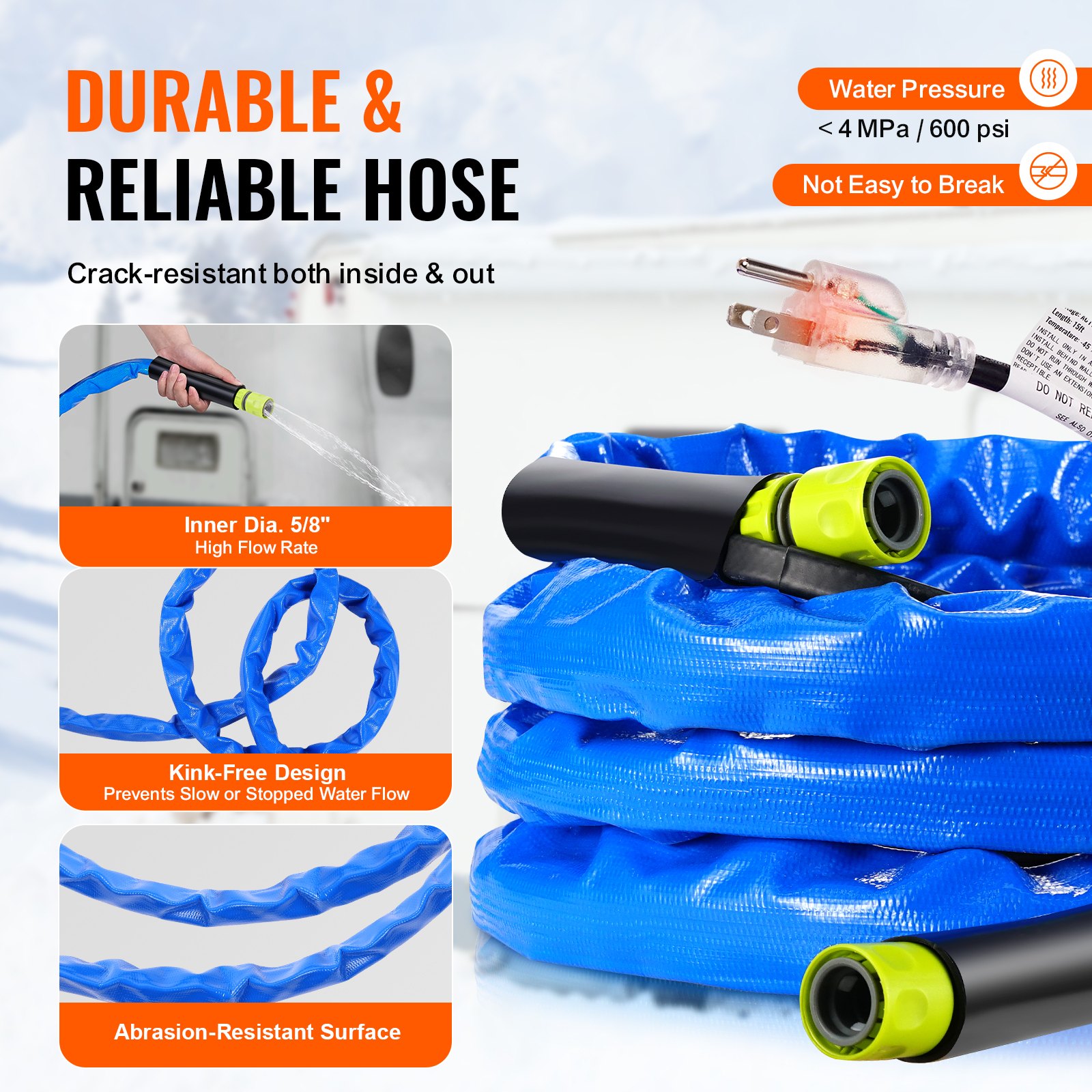 VEVOR 15ft Heated Water Hose for RV, Heated Drinking Water Hose with Corrugated Cover Antifreeze to -45°F, Automatic Self-regulating, 5/8" I.D. with Quick-connect Fitting Set, Lead and BPA Free