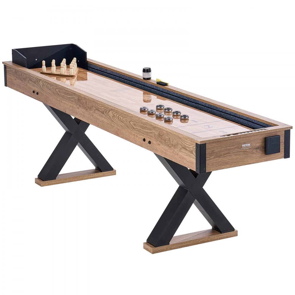 VEVOR Shuffleboard Table, 9 ft Shuffleboard for Family Game Rooms, 2 in 1 Shuffleboard and Bowling Combo Game Set, with Scratch-Resistant Playfield, Legs, 8 Pucks, Bowling Set, Wax, and Table Brush