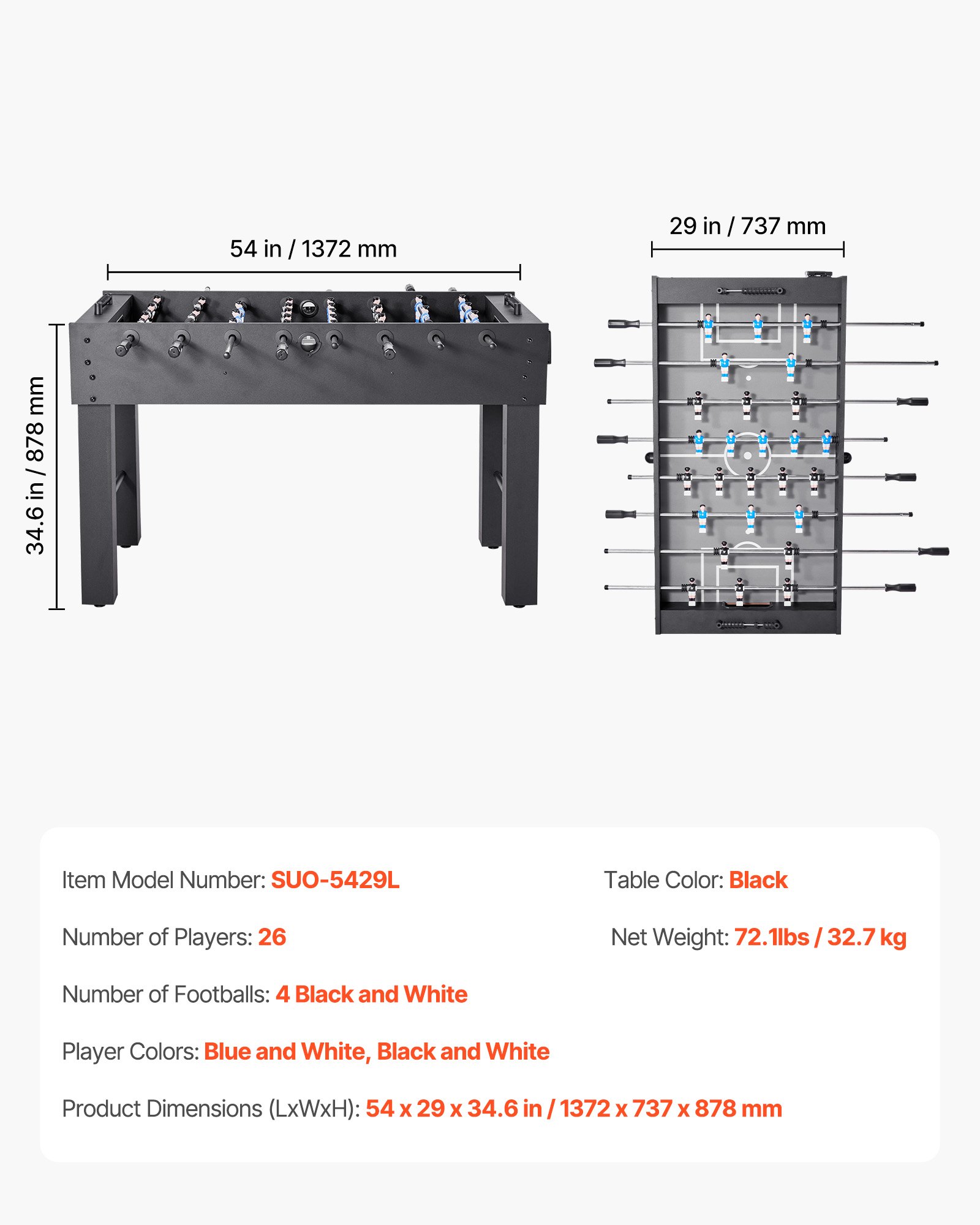 VEVOR Foosball Table, 137 cm Standard Size Table, Indoor Full Size Foosball Tables for Home, Family, and Game Room, Durable Soccer Set, Includes 4 Balls, Score Keeper, and 2 Cup Holders