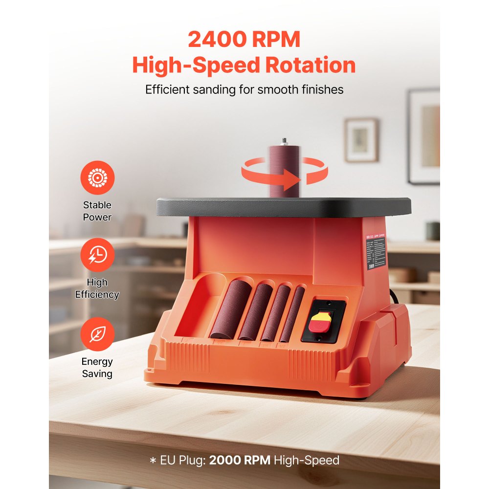 VEVOR Oscillating Spindle Sander, 2000RPM Benchtop Spindle Sander with 6 Sleeves (12.7–76.2 mm), 16mm Stroke & 390 x 415 mm Wide Worktable for Furniture Finishing, Crafts Sanding, DIY Woodworking