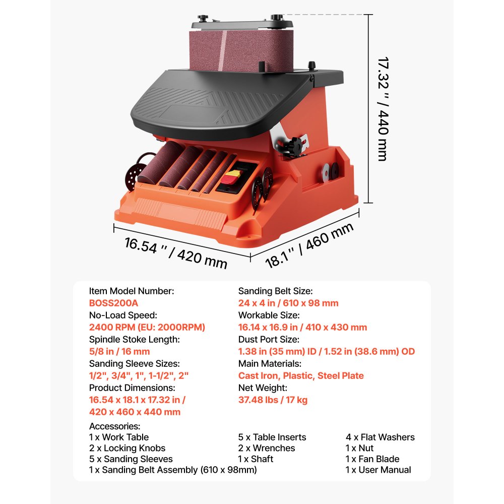 VEVOR oscillerende spindelschuurmachine, 2000 tpm spindelschuurmachine met 16 mm slag, 5 hulzen (12,7–50,8 mm) en 610x98 mm schuurband voor houtbewerking, meubelschuren en doe-het-zelfprojecten.