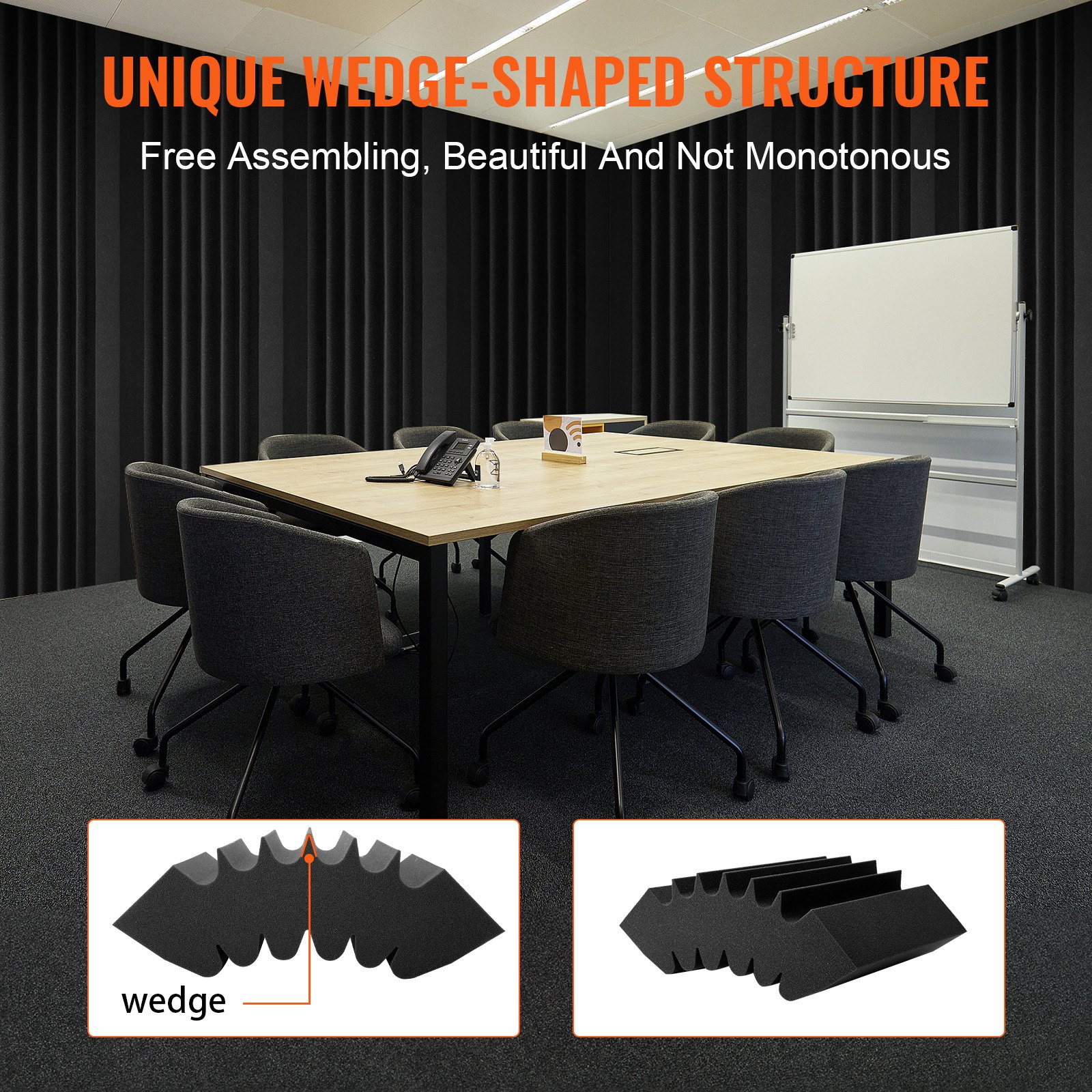 VEVOR akoestische schuimpanelen set van 4, 42x16x30cm, zelfklevende geluidsdichte wandpanelen, hittebestendig akoestisch paneel, akoestische schuimmatten voor studiowanden en plafonds, zwart