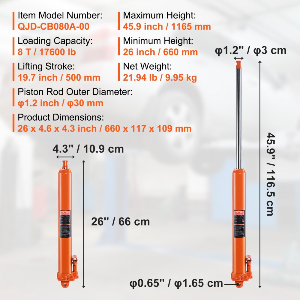 VEVOR hydraulische krik met lange ram, 8t motorhefcilinder met enkele zuigerpomp en vlakke voet, hydraulische autokrik voor motorheftafels, garage-/werkplaatskranen, boerderij, enz.