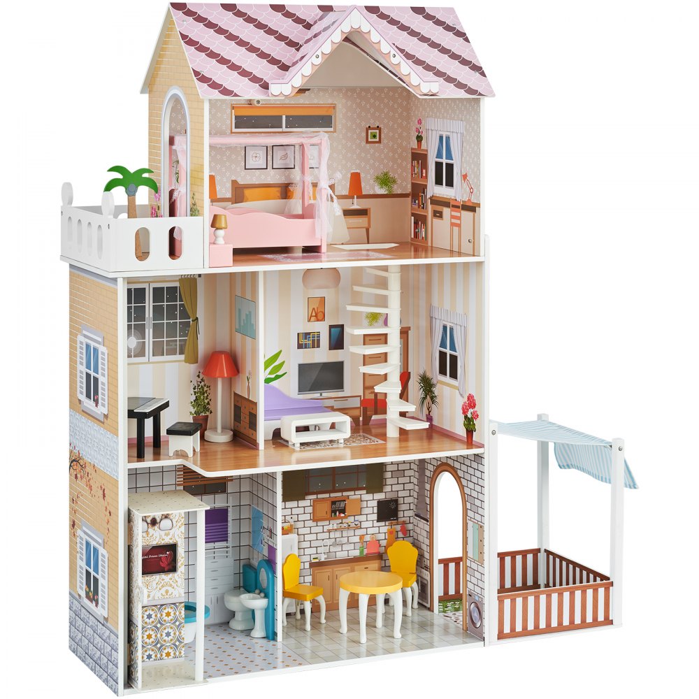 VEVOR Wooden Dollhouse Large Dreamhouse with Furniture 3 Levels for Toddler 3+