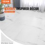 VEVOR self adhesive vinyl floor tiles, white marble texture, modern room with potted plant and curtains.