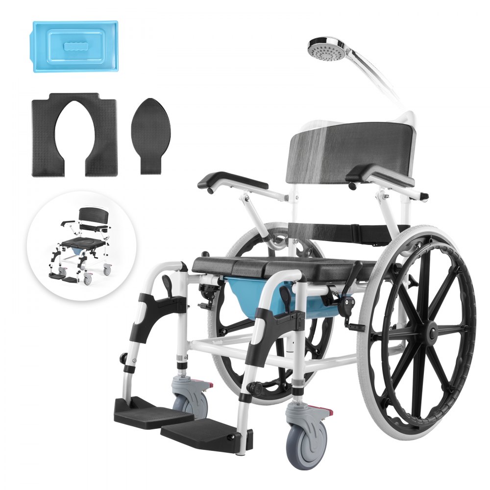 VEVOR shower wheelchair with detachable parts, footrests, large rear wheels, and shower head attachment.