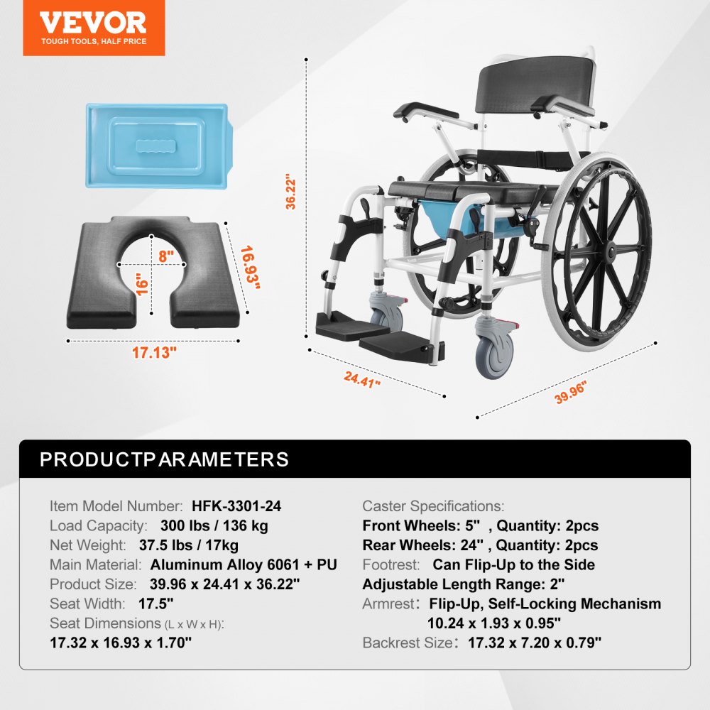 VEVOR Shower Wheelchair, 17.5in Width Aluminum Alloy Bathroom Wheelchair for Inside Shower, Adjustable Rolling Shower Chair w/ Brake for Disabled Adult, 300 lbs Capacity Shower Commode Transport Chair