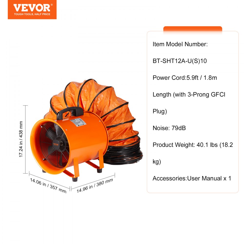 VEVOR Construction fan, 367 W AC motor, construction fan, 2800 rpm, 2574 CFM (4373 m3/h), axial fan with 5 m hose, axial fan, 79 dB, noise level