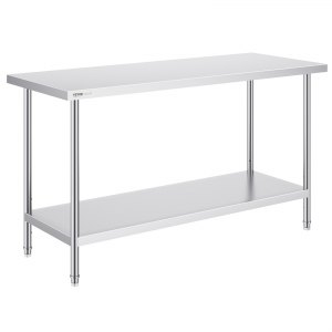 VEVOR Werktafel van roestvrij staal, 76,2 x 152,4 x 96,5 cm, met 4 wielen, 3 verstelbare hoogtes, robuuste werktafel voor commerciële keuken, restaurant, zilver