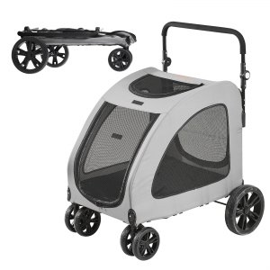 Hondenbuggy 79x91x113 cm, Hondenkar 4 Wielen met Remmen, Hondentrolley, Hondentrolley tot 73 kg Draagvermogen, Ademende Mesh Vensters, Verstelbare Hoogte, 600D Oxford Stof, voor Honden, Huisdieren | NL