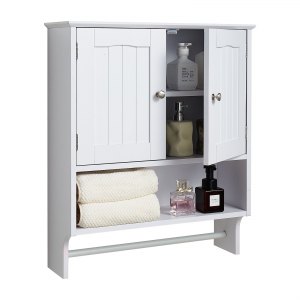 GIANTEX Hangende badkamerkast, hangkast met 2 deuren, open vak en verstelbaar rek, medicijnkast, wandkast voor badkamer, woonkamer, keuken, 54 x 20 x 60 cm