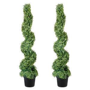 Artificial Topiaries Boxwood Trees, 4ft Tall (2 Pieces) Faux Topiary Plant Outdoor, All-year Green Feaux Plant w/ Replaceable Leaves for Decorative Indoor/Outdoor/Garden