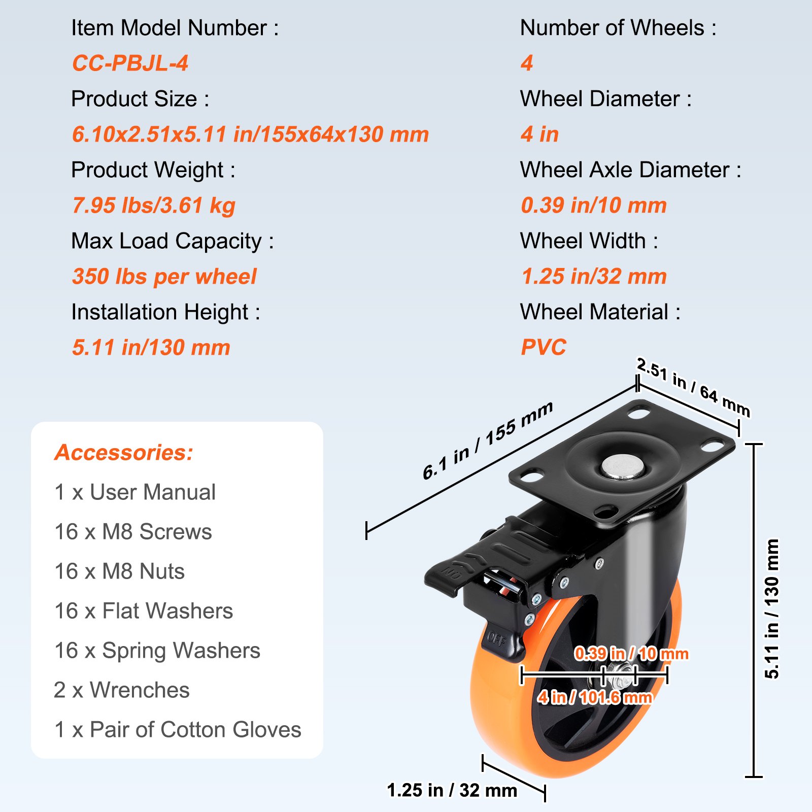 VEVOR Meubelwielen Set van 4 Zwenkwielen PVC 152,4mm Wielen VEVOR Meubelwielen Set van 4 Zwenkwielen PVC 152,4mm Wielen
