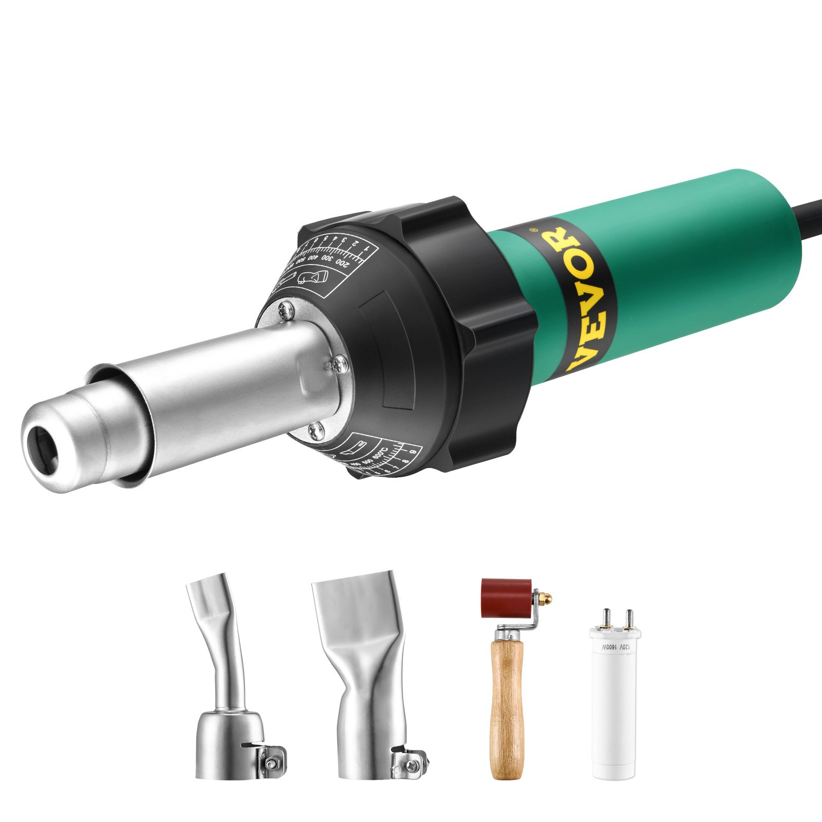 VEVOR Heteluchtlasapparaat voor kunststof, 1600 W, lasset voor kunststof daken met 11 accessoires: gereedschapskist, mondstuk, rol, messen voor PP/PE /PVC, 330 x 95 x 56 mm