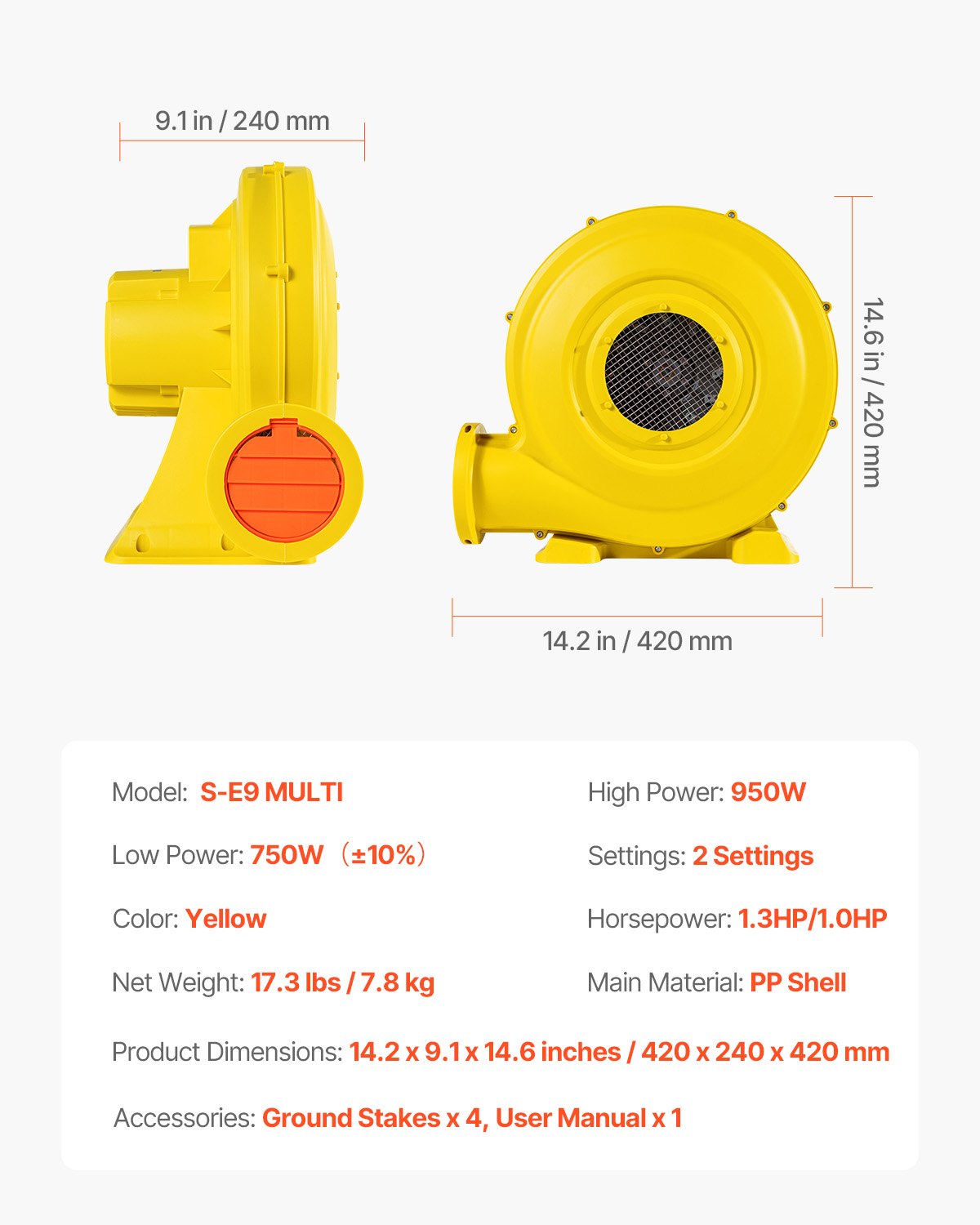 VEVOR Luchtblazer, 870W & 950W, 1,3PK Luchtpomp, Commerciële ...