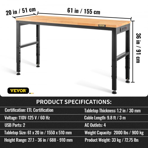 VEVOR Werkbank, 1549 x 508 mm Werktafel, Hoogte Verstelbaar 688