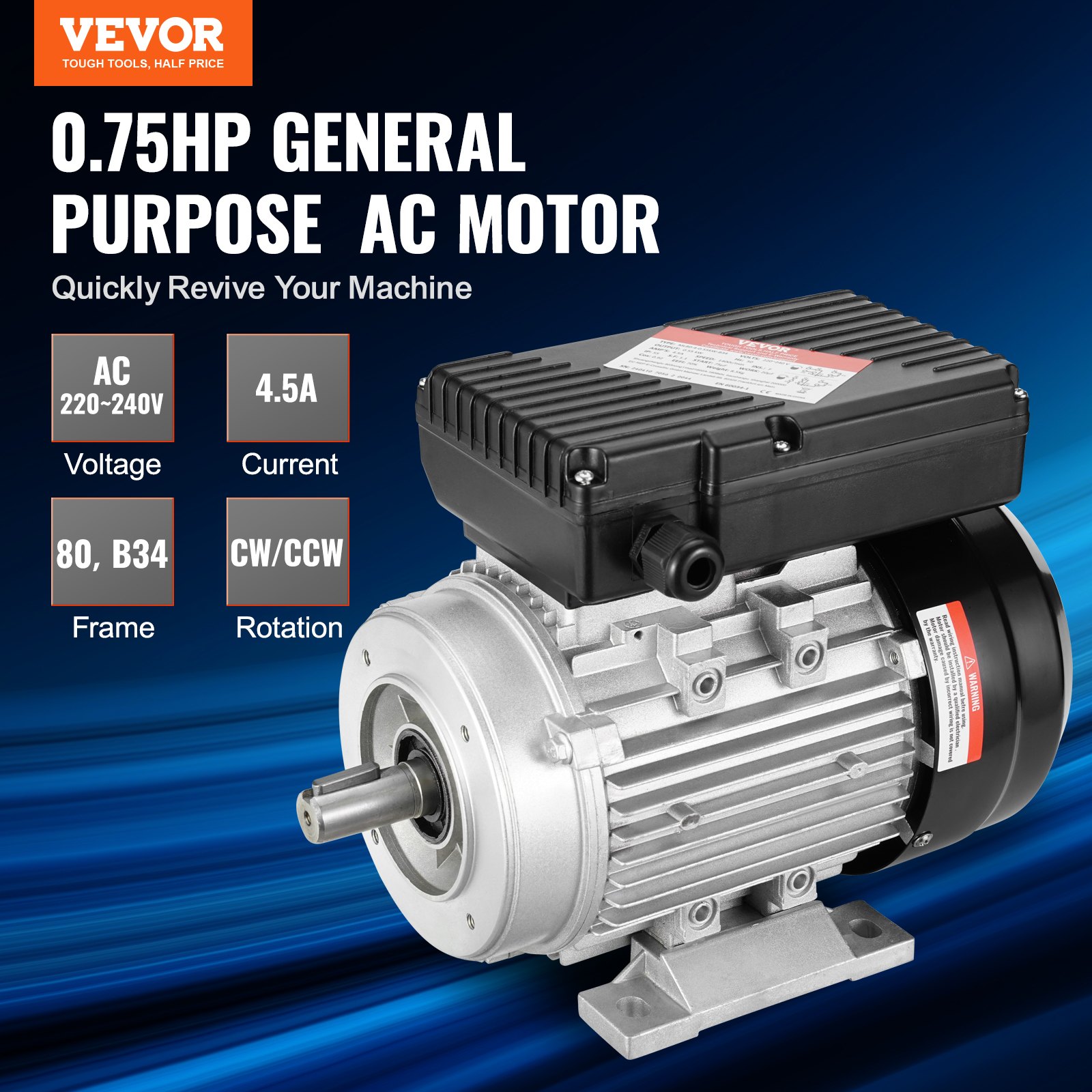 0,55 kW Elektromotor 1400 U/min, AC 220–240 V, 4,5 A, 80, B3