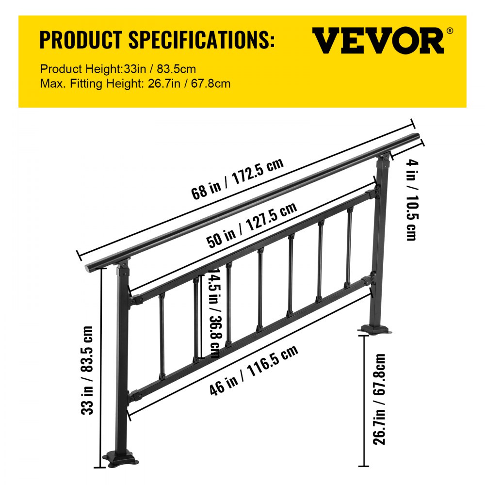 Trapleuning, Geschikt voor 0-1 Stap Overgangs Smeedijzeren Trap Rail, Verstelbare Balustrade Trap Rail, Trapleuning Steun voor Betonnen Treden met Installatiekit, Mat Zwarte Buiten Trapleuning | NL