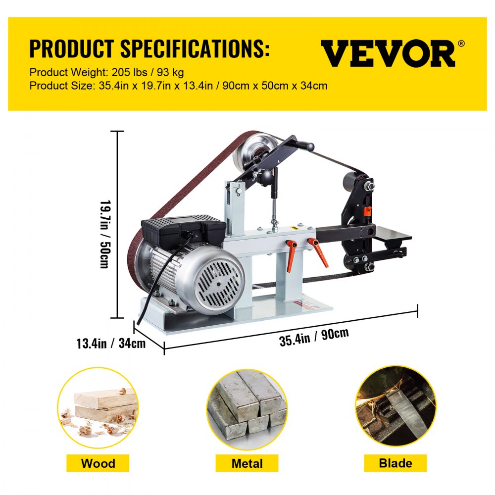 VEVOR 2 hk båndsliper med konstant hastighet, 2 x 82 tommers båndsliper med 3 slipeskiver, 110 V benksliper, 12 tommers hjul og flat plate, verktøystøtte for knivproduksjon