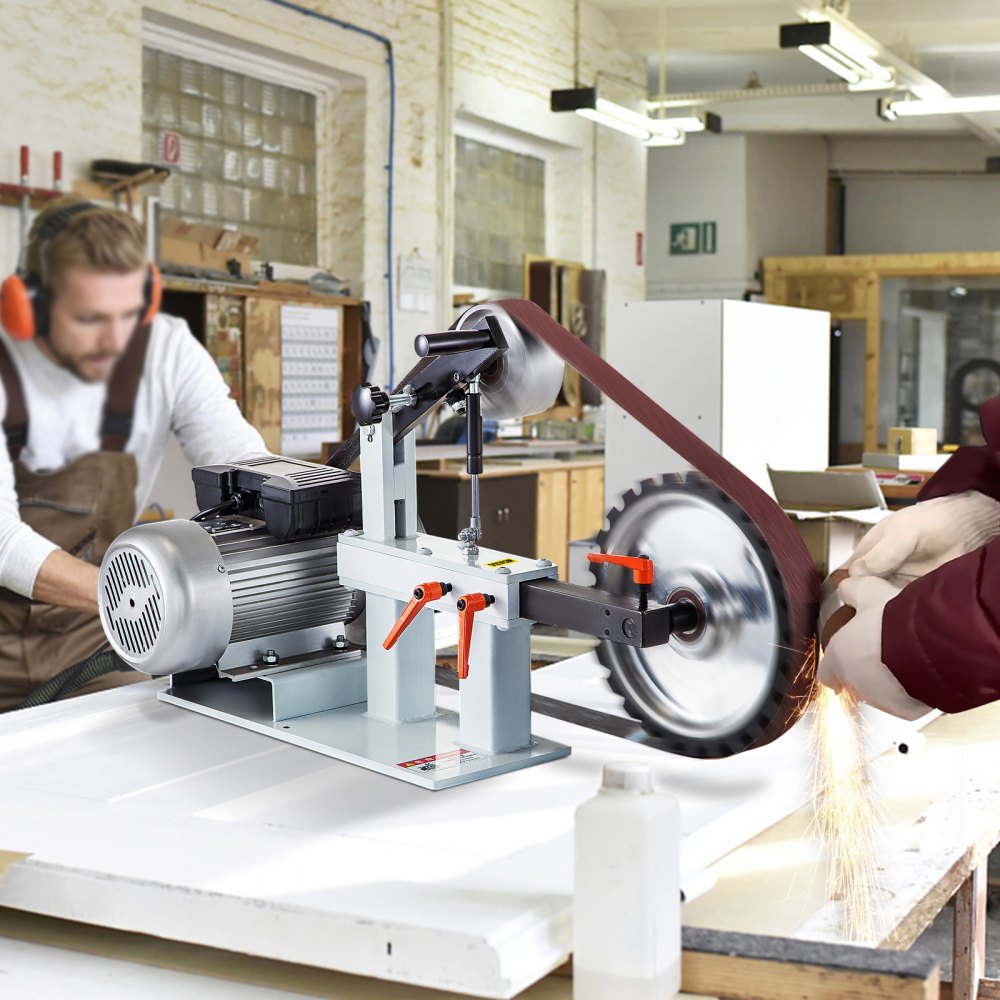 VEVOR 2 hk båndsliper med konstant hastighet, 2 x 82 tommers båndsliper med 3 slipeskiver, 110 V benksliper, 12 tommers hjul og flat plate, verktøystøtte for knivproduksjon