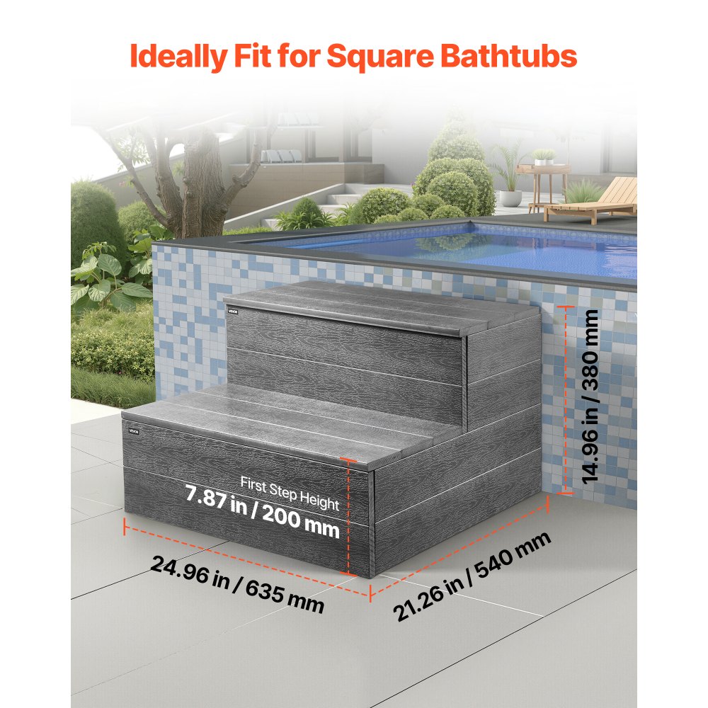 VEVOR Hot Tub Step, 2-Step Spa Outdoor Stairs, Heavy Duty 635 mm Wide HIPS Above-Ground/Inflatable Pool Ladder with 272.2 kg Weight Capacity, Multi-Use for Porch, Patio, Deck, Campers, Graphite Gray