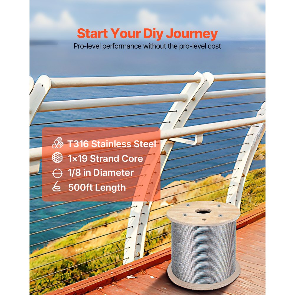 VEVOR 316 Stainless Steel Cable 0.32 cm (1/8") 1x19 Steel Cable Wire Rope 150 m (500 ft) Cable Railing Transport Wire Rope Cable for Railing Decking DIY Balustrade (150 m)