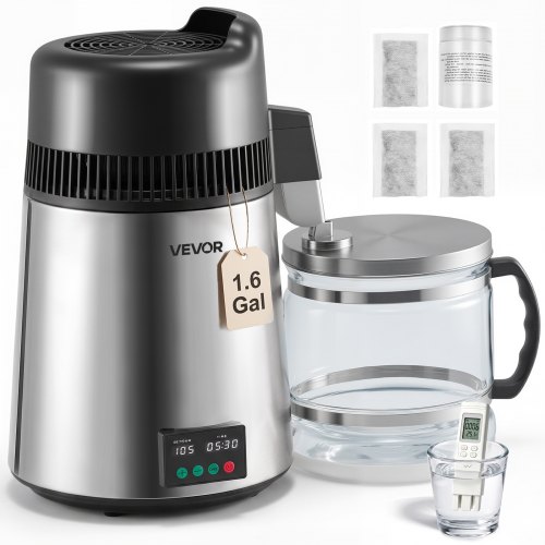 VEVOR vanndestiller, 6L 1,6 gallon større rent vannfilter for hjemmebenkeplate, 900W destillert produsent i glasskanne, drikkemaskin i rustfritt stål for å lage rent vann, sølv