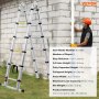VEVOR Telescoping Ladder, 12.5FT A-Shape Aluminum Extension Ladder Lightweight, Multi-button Retraction Collapsible Ladder, 375 LBS Capacity w/ Stabilizer Bar, Multi-Purpose Ladders for RV, Camper