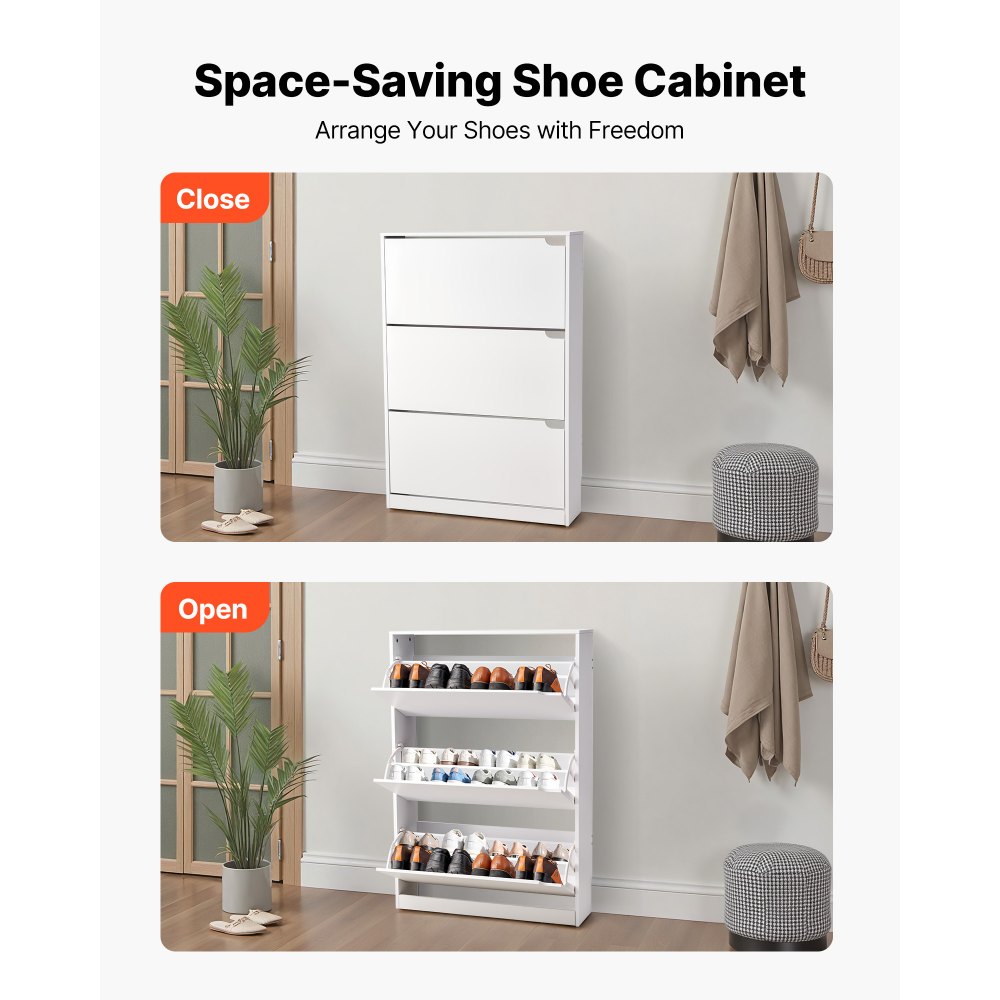 VEVOR skoskap med 3 skuffer, moderne skoskap med veltesikring, frittstående skohylle, ideell for entré, gang, soverom, stue, garderobe, hvit