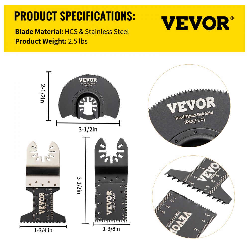 VEVOR 50 deler oscillerende sagblad, hurtigutløsende multiverktøybladsett, HCS verktøyblad for tre, plast, metall, spiker, bolter, kompatibel med Dewalt, Dremel, Fein, Worx, Bosch, Makita, Milwaukee