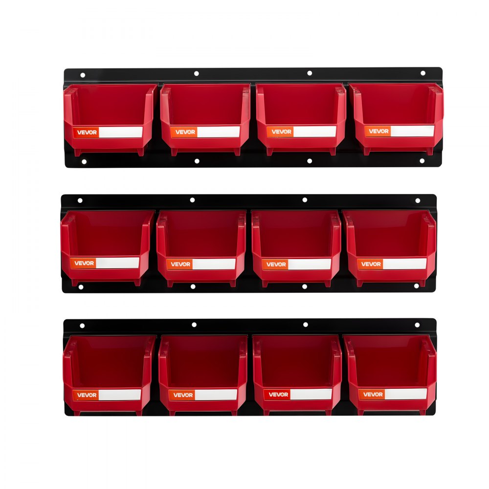 VEVOR Veggmonterte Oppbevaringsbokser, 12 Plastbokser og 3 Metallskinner, Hengende Plast Stabelbar Oppbevaringsboks for Skruer, Muttere, Bolter, Spiker, Verktøyorganisator for Verksted, Håndverksrom, Garasje, Rød
