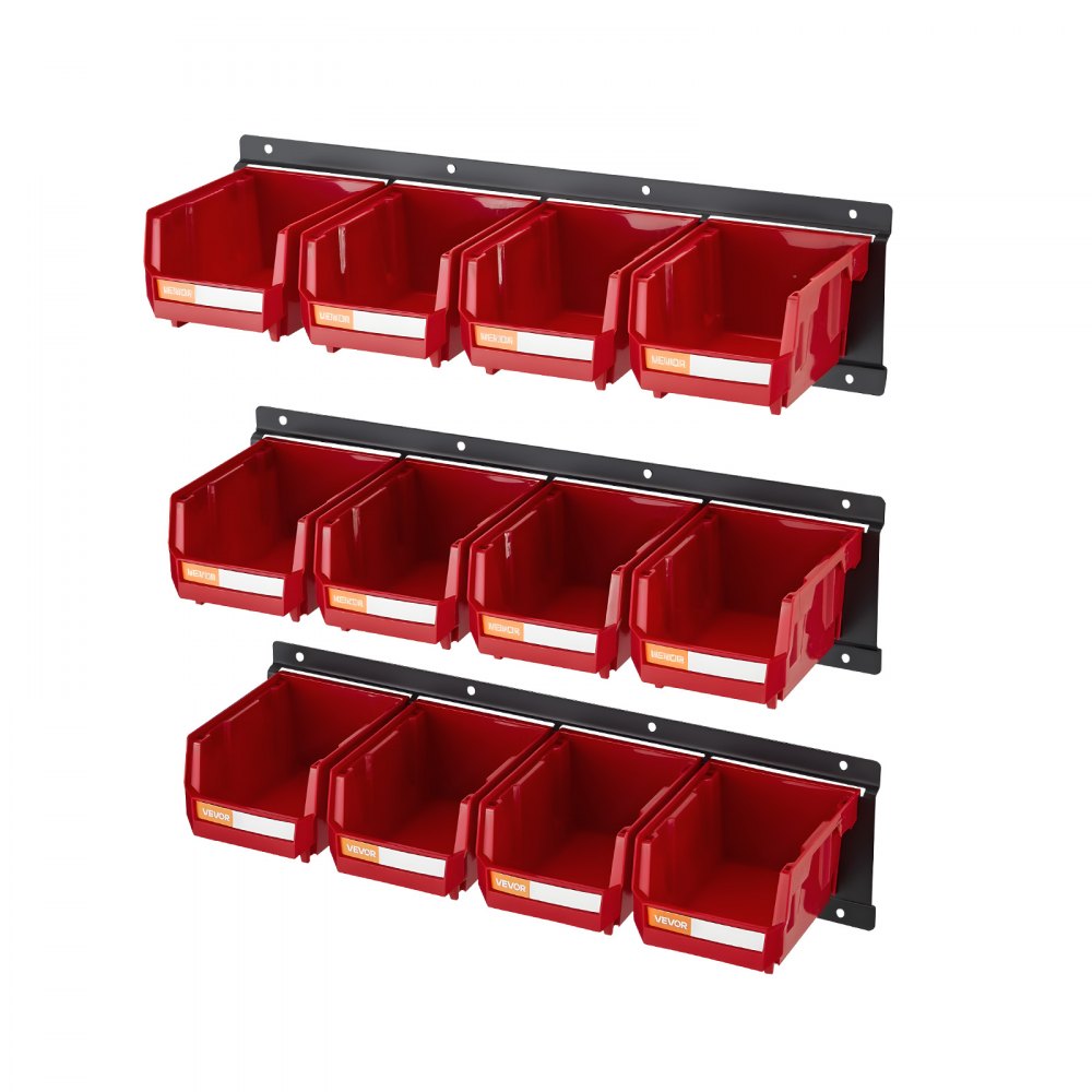 VEVOR Veggmonterte Oppbevaringsbokser, 12 Plastbokser og 3 Metallskinner, Hengende Plast Stabelbar Oppbevaringsboks for Skruer, Muttere, Bolter, Spiker, Verktøyorganisator for Verksted, Håndverksrom, Garasje, Rød