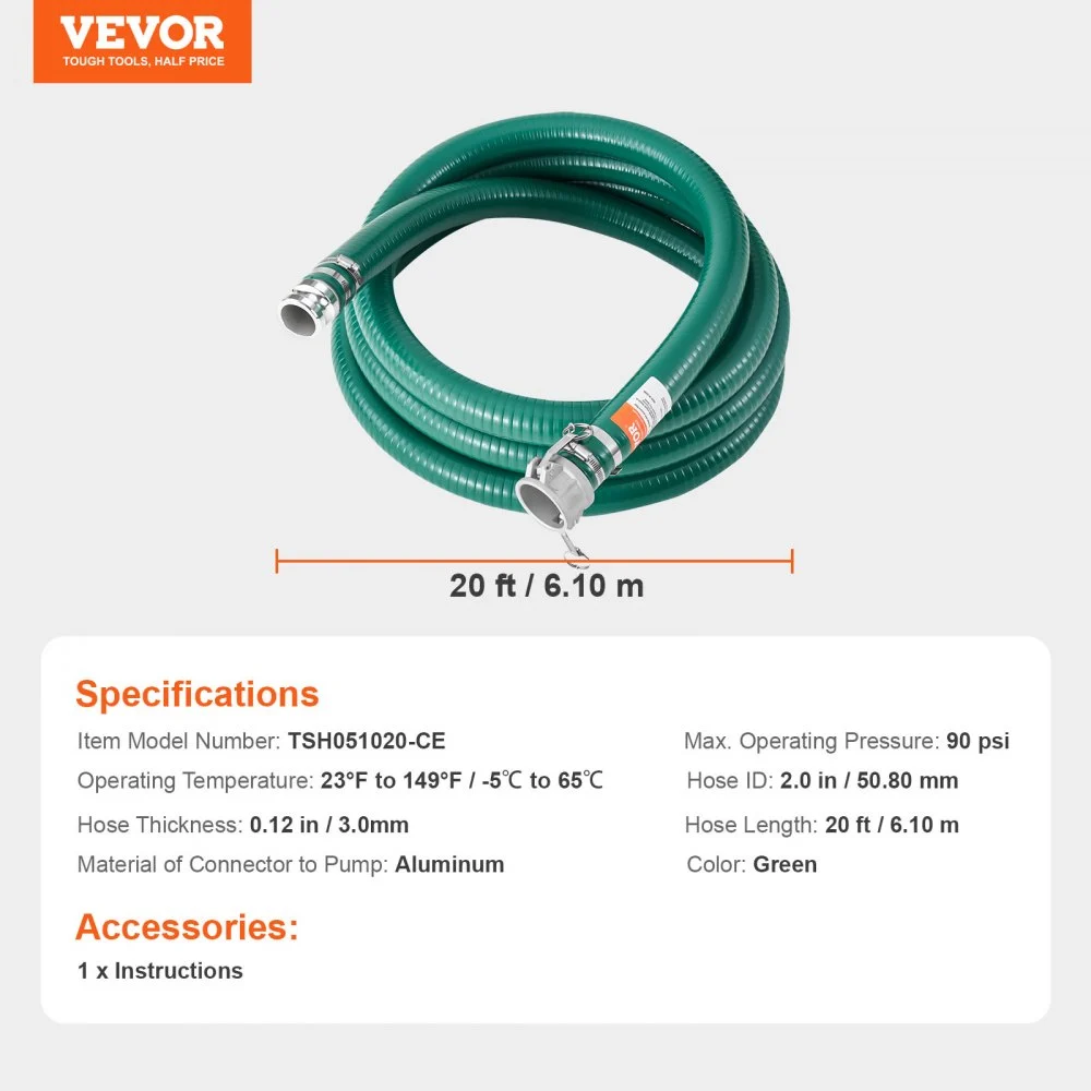 VEVOR Suction Hose, 51 mm(2 in) x 6.1 m(20 ft), Green High Quality Hose, with Camlock Connectors, and Aluminum Fittings, Fit Various Pumps, for Sewage Treatment, Water Transportation and More Agricultural Purposes