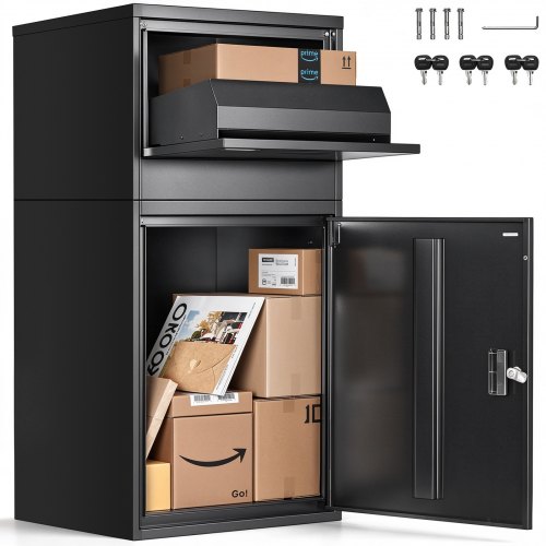 VEVOR Pakkepostkasse 500x398x980mm, Pakkeboks med lås, Pakkepostkasse i galvanisert stål med tyverisikker design, Pakkestasjon for hjem og kontor, svart