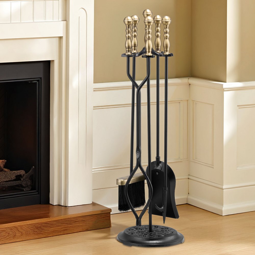 VEVOR Peisverktøysett, 5 deler peisverktøysett og holder med femstiftet stativ, tang, askespade, børste, peisstang, smijernspeistilbehør for innendørs/utendørs, svart og messing