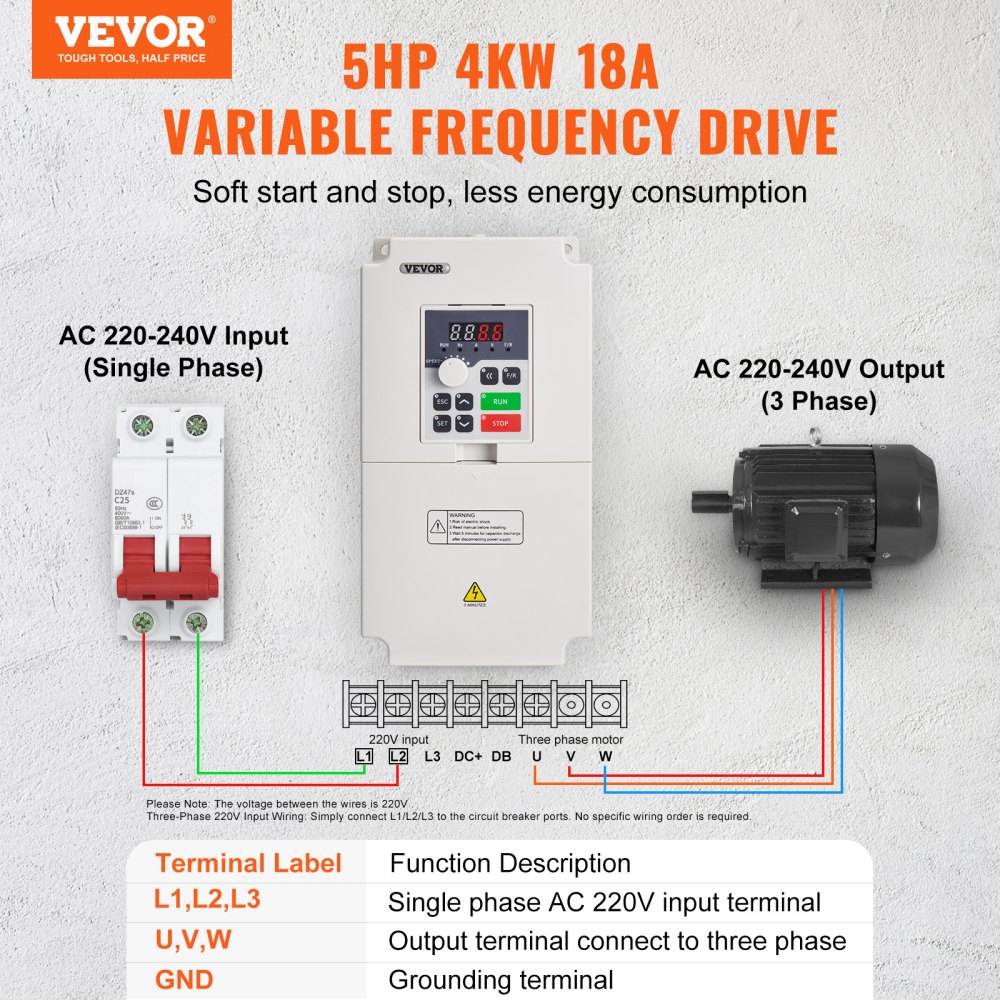 VEVOR VFD 5HP, 4KW, 18A, 1 or 3 Phase AC 220V Input to 3 Phase AC 0~220V Output Variable Frequency Drive, 50/60Hz Input, 0-2000Hz Output VFD for Spindle Motor Speed Control