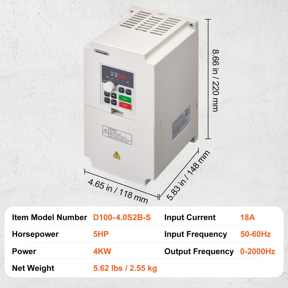 VEVOR VFD 5HP, 4KW, 18A, 1 or 3 Phase AC 220V Input to 3 Phase AC 0~220V Output Variable Frequency Drive, 50/60Hz Input, 0-2000Hz Output VFD for Spindle Motor Speed Control