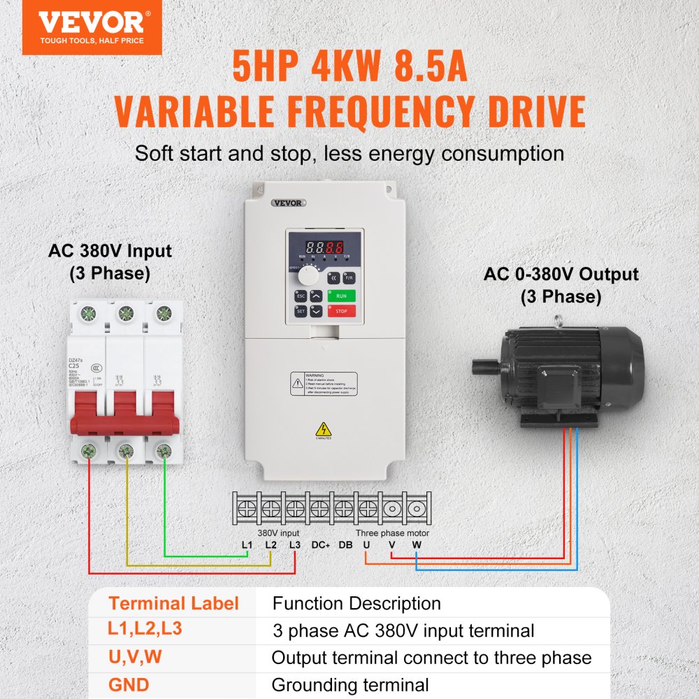 VEVOR VFD 5 hk, 4 kW, 8,5 A, 3-fase AC 380 V inngang til 3-fase AC 0 - 380 V utgang variabel frekvensomformer, 50/60 Hz inngang, 0-2000 Hz utgang VFD for spindelmotorhastighetskontroll