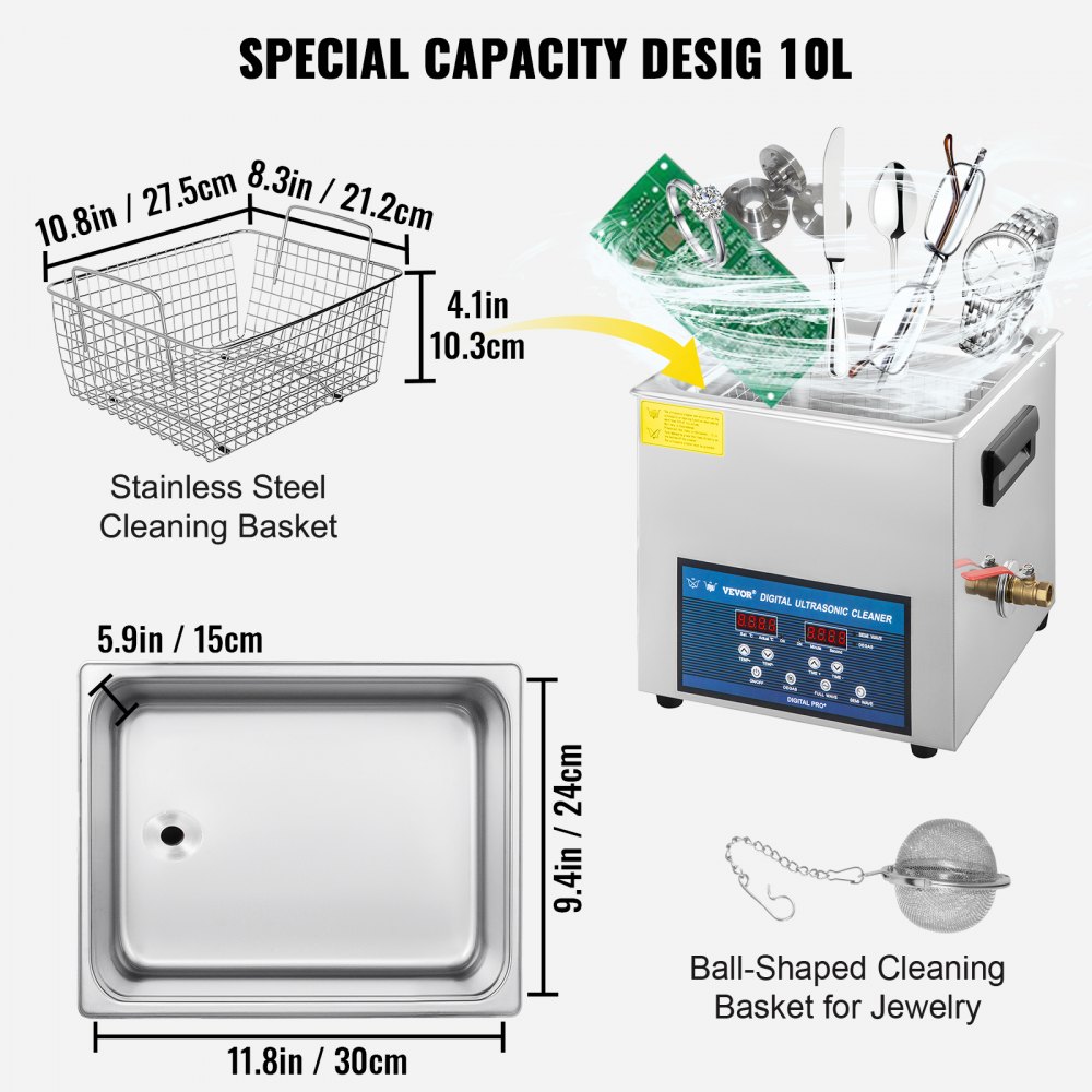 VEVOR 10L ultralydrenser dobbelfrekvens ultralydrensemaskin med varmeapparat smykkerenser for deler smykker briller ring protese plate kretskort 28/40KHz