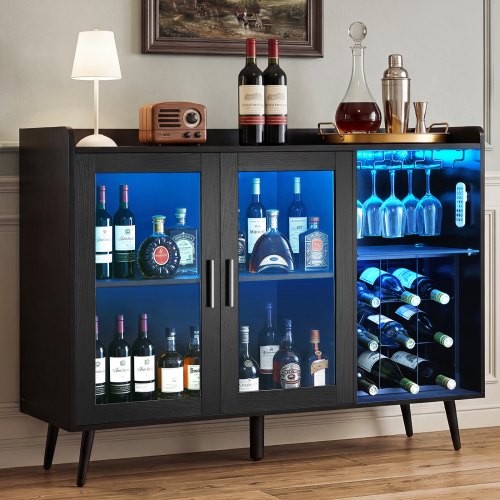 VEVOR Vinskap, Kaffebarskap med 9 vinflaskehyller, Moderne buffetskjenk med glassholder, Justerbar LED-lysstyrke, For Hjemmekjøkken, Stue, Spisestue, Svart Trestruktur