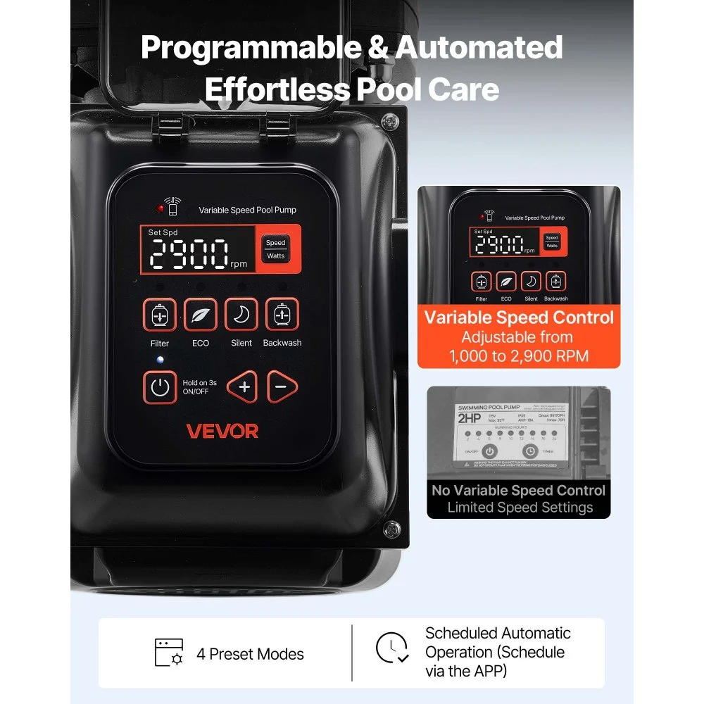 VEVOR bassengpumpe med variabel hastighet, 1650 W, AC 220–240 V, 33 000 l/t, bassengpumpe for inn- og overjordisk bruk med filterkurv, kraftig selvsugende, programmerbar timer, for nedgravde og overjordiske svømmebassenger