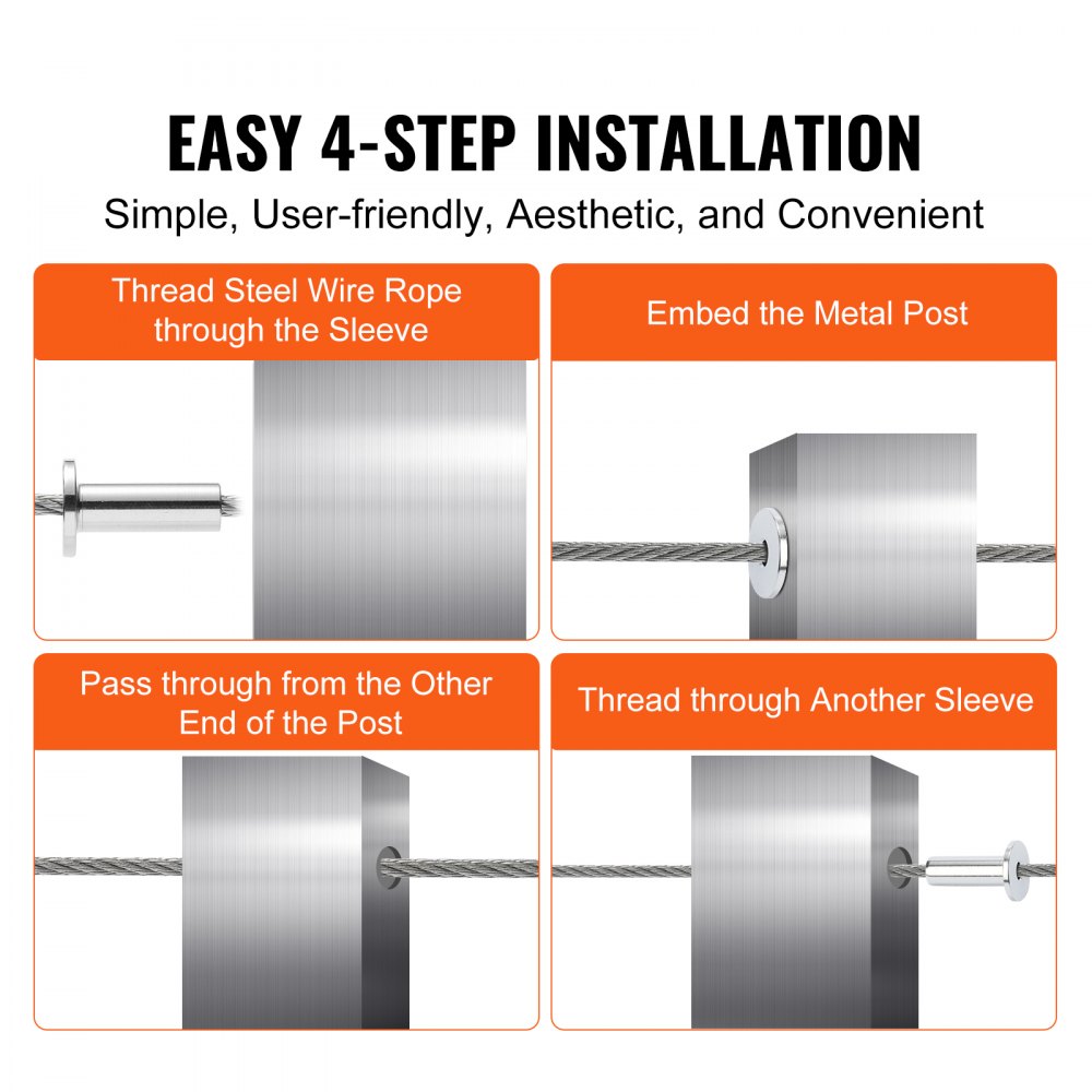 VEVOR 121 Pack T316 Stainless Steel Protector Sleeves for 3.2mm Wire Rope Cable Railing, DIY Balustrade T316 Marine Grade, Come with A Free Drill Bit, Silver